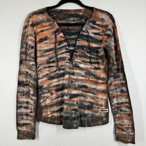 Affliction Women’s Shirt Lace Up Front Tie Dye Long Sleeve Black Orange Medium